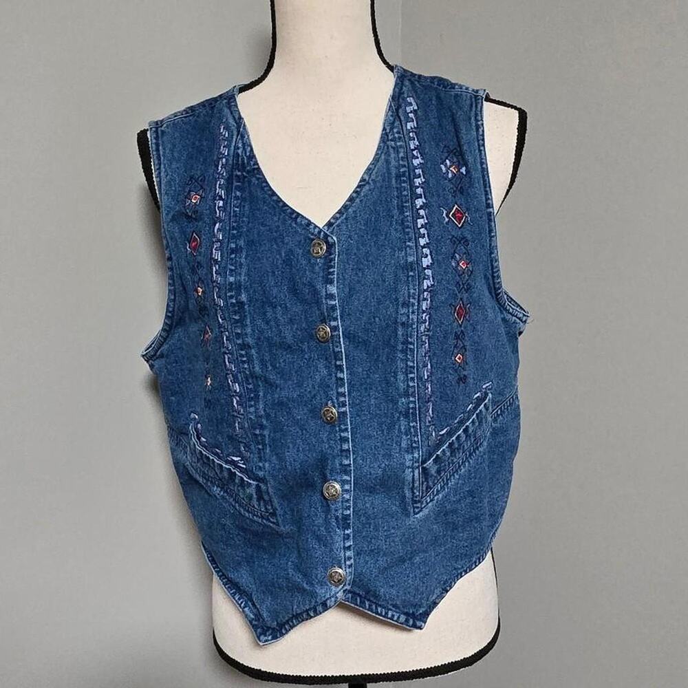 vintage 90s rhythm blue cotton womens denim embroidered vest large